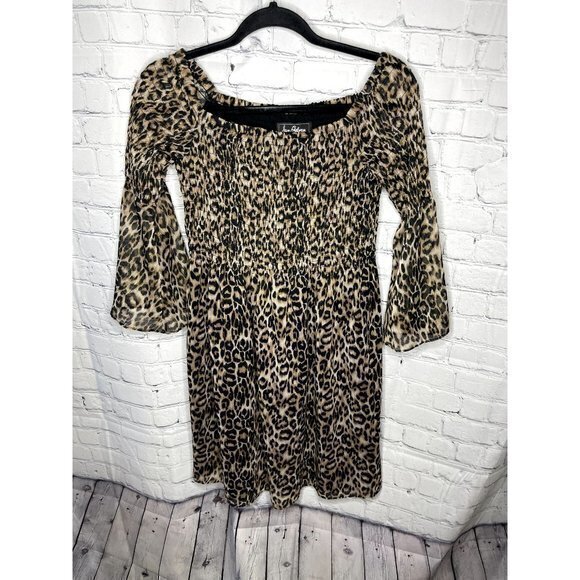 SAM EDELMAN LADIES ANIMAL PRINT DRESS WITH GOLD  WITH BELL SLEEVES   SZ (6) WORN - Picture 1 of 5